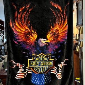 Wickedly 80s Harley-Davidson Black Blanket with Fiery Eagle Design